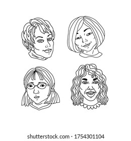 Faces of women of different nationalities, faiths and skin color. In the outline style on a white background. Fight for women's rights and equality. Template for a poster, banner, etc. Vector.