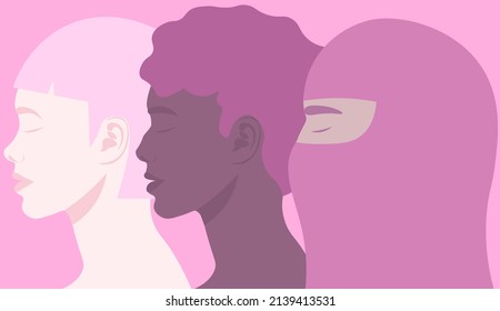 The faces of women of different nationalities and religions. Solidarity and sisterhood. Feminism