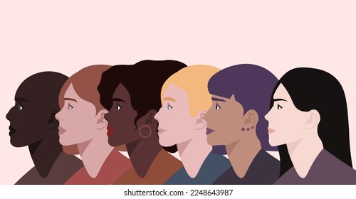 Faces of women of different nationalities. Sisterhood. Unity, mutual assistance among the women community. international women day. Flat vector illustration