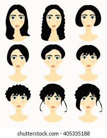 faces of women, girls hairstyles natural background. vector illustration