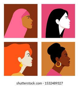 Faces Of Women In Profile. Women Different Nationalities And Cultures. Diversity. Avatars. Vector Flat Illustration