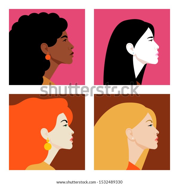 プロフィールを持つ女性の顔 異なる国籍と文化を持つ女性 多様性 アバター ベクターフラットイラスト のベクター画像素材 ロイヤリティフリー