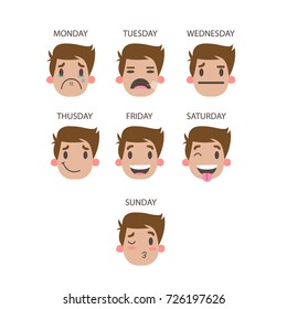 Faces of working week days. Funny cartoon faces of businessman.