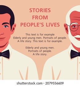 Faces of young and elderly men. Process of ageing. Human life cycles. Comparison. Dermatology. Horizontal banner with text. Vector flat illustration