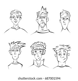 Faces of young men with different emotions. Vector portrait contour illustration, isolated on white background.