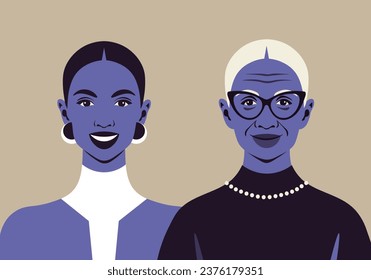 Faces of young and old African women. Aging process. Grandmother and granddaughter. Vector flat illustration