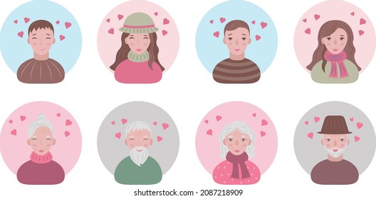 Faces of young and old people in love. Avatars of happy lovers of men, women and old people. Portraits of smiling people on Valentine s Day. Funny faces with hearts above their heads. Vector