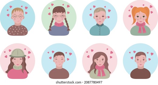 Faces of young people and children in love. Avatars of happy lovers of men and women and children. Portraits of smiling people on Valentine s Day. Funny faces with hearts above their heads. Vector