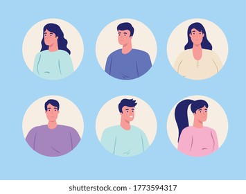 faces, young people in frame circular on blue background vector illustration design
