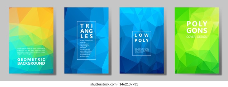 Facet low poly bright cover page layouts vector graphic design set. Crystal texture polygonal patterns. Gradient triangle polygons facet geometric abstract backgrounds.