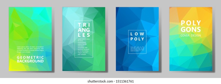 Facet low poly modern brochure covers vector graphic design set. Diamond texture polygonal patterns. Gradient triangle polygons facet geometric abstract backgrounds.