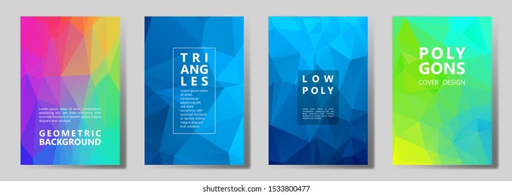 Facet low poly mosaic cover page layouts vector graphic design set. Crystal texture low poly patterns. Gradient triangle polygons facet geometric abstract backgrounds.