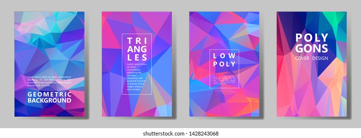 Facet low poly simple banners, posters, flyers vector graphic design set. Diamond texture polygonal patterns. Gradient triangle polygons facet geometric abstract backgrounds.