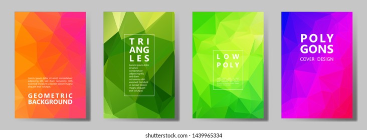 Facet low poly simple banners, posters, flyers vector graphic design set. Diamond texture low poly patterns. Gradient triangle polygons facet geometric abstract backgrounds.