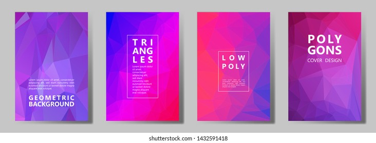Facet low poly vibrant cover page layouts vector graphic design set. Diamond texture low poly patterns. Gradient triangle polygons facet geometric abstract backgrounds.