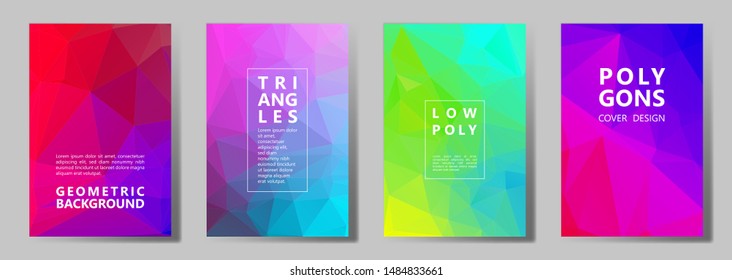 Facet low poly vibrant cover page layouts vector graphic design set. Crystal texture polygonal patterns. Gradient triangle polygons facet geometric abstract backgrounds.