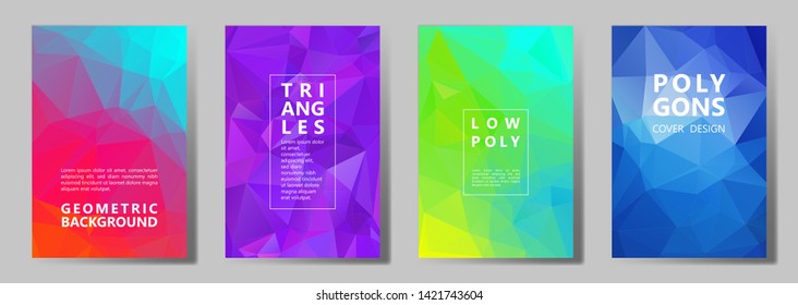 Facet Low Poly Vivid Brochure Covers Vector Graphic Design Set. Crystal Texture Polygonal Patterns. Gradient Triangle Polygons Facet Geometric Abstract Backgrounds.