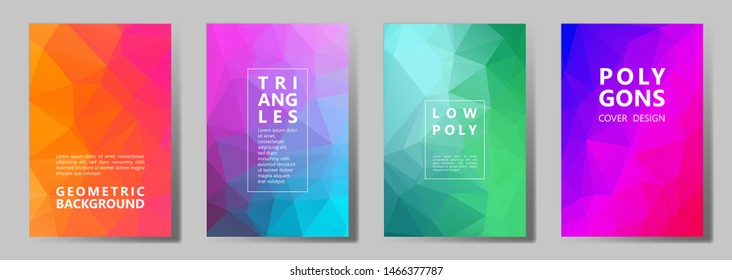 Facet low poly vivid cover page layouts vector graphic design set. Crystal texture polygonal patterns. Gradient triangle polygons facet geometric abstract backgrounds.