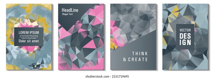 Facet low poly vivid cover page layouts vector graphic design set. Crystal texture low poly patterns. Gradient triangle polygons facet geometric abstract backgrounds.