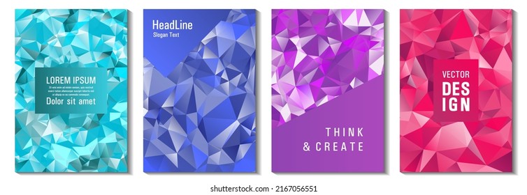 Facet low poly vivid cover page layouts vector graphic design set. Diamond texture low poly patterns. Gradient triangle polygons facet geometric abstract backgrounds.