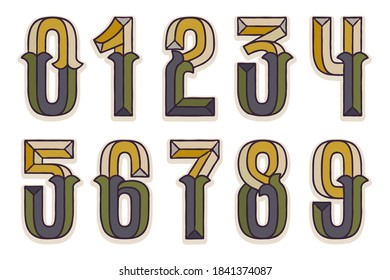 Facet numbers set with dim colors. You can use it in your corporate identity, retro emblem, heraldry posters, agriculture design, and others. 