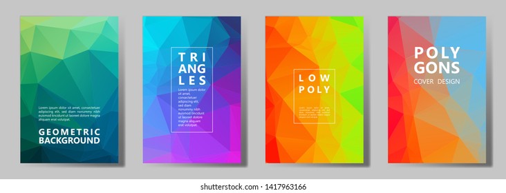 Facet polygonal cool brochure covers vector graphic design set. Crystal texture polygonal patterns. Gradient triangle polygons facet geometric abstract backgrounds.