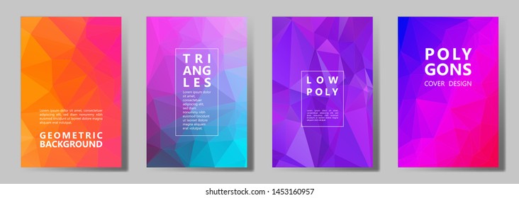 Facet Polygonal Modern Banners, Posters, Flyers Vector Graphic Design Set. Crystal Texture Polygonal Patterns. Gradient Triangle Polygons Facet Geometric Abstract Backgrounds.