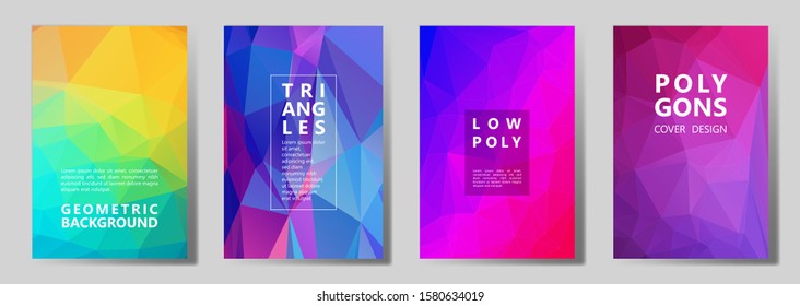 Facet polygonal vibrant brochure covers vector graphic design set. Crystal texture low poly patterns. Gradient triangle polygons facet geometric abstract backgrounds.