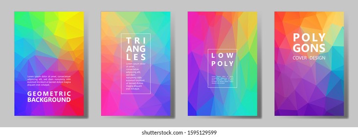 Facet polygonal vibrant brochure covers vector graphic design set. Diamond texture polygonal patterns. Gradient triangle polygons facet geometric abstract backgrounds.