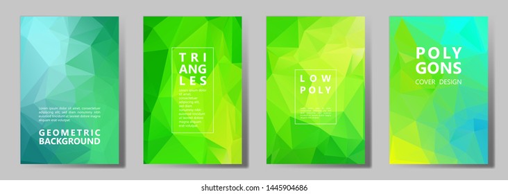 Facet polygonal vivid banners, posters, flyers vector graphic design set. Diamond texture polygonal patterns. Gradient triangle polygons facet geometric abstract backgrounds.