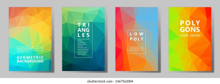 Facet triangles cool banners, posters, flyers vector graphic design set. Crystal texture polygonal patterns. Gradient triangle polygons facet geometric abstract backgrounds.