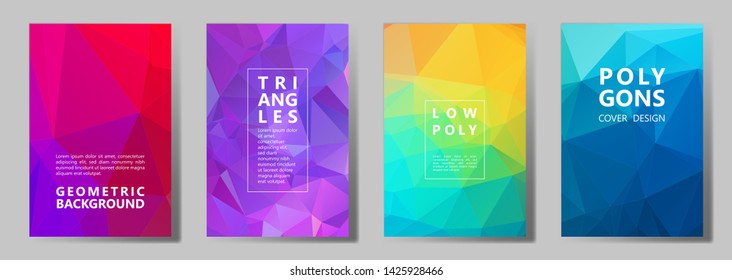 Facet triangles digital cover page layouts vector graphic design set. Diamond texture polygonal patterns. Gradient triangle polygons facet geometric abstract backgrounds.