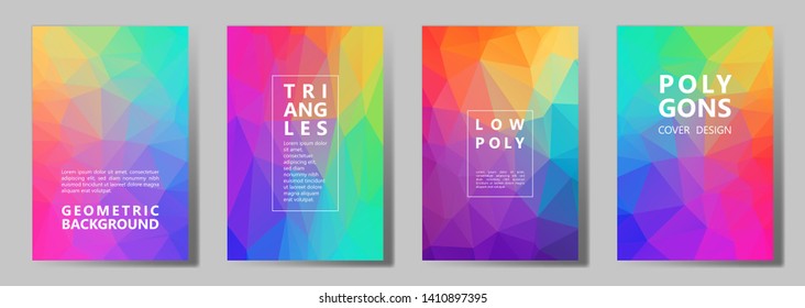 Facet Triangles Multicolor Brochure Covers Vector Graphic Design Set. Crystal Texture Low Poly Patterns. Gradient Triangle Polygons Facet Geometric Abstract Backgrounds In Rainbow Spectrum Colors.