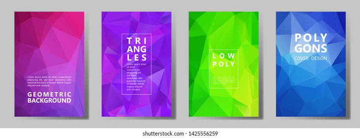 Facet triangles simple banners, posters, flyers vector graphic design set. Diamond texture polygonal patterns. Gradient triangle polygons facet geometric abstract backgrounds.