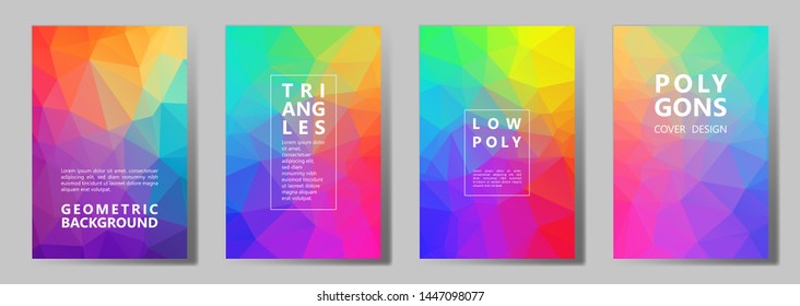 Facet triangles vivid brochure covers vector graphic design set. Diamond texture low poly patterns. Gradient triangle polygons facet geometric abstract backgrounds.