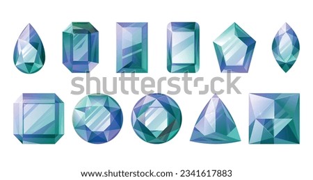Faceted blue shining gemstones of various shapes. Set of vector cartoon diamonds, sapphires, jewelry.