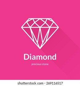 Faceted Diamond Shape Logo Element. Trendy Flat Design. Geometric Vector Thin Line Icon With Long Shadow