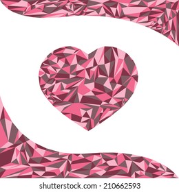 Faceted geometric heart inspired by crystal cuts, using deep red, dark gray, and pink tones in an abstract polygon vector illustration
