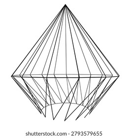 A faceted geometric wireframe object resembling a diamond or geodesic dome, rendered in thin black lines against a white background.