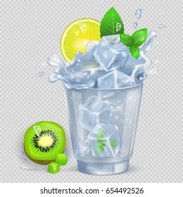 Faceted glass of mojito with lot of ice, fresh lime, green spearmint and kiwi isolated vector illustration on transparent background.