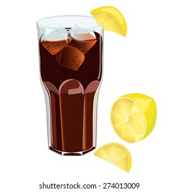 Faceted glass of soda with ice and lemon in a realistic style. Vector illustration