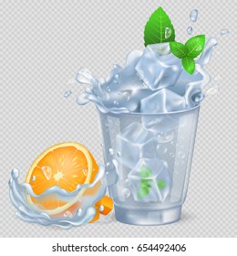 Faceted glass of water with lot of ice, fresh orange fruit and green spearmint isolated vector illustration on transparent background.