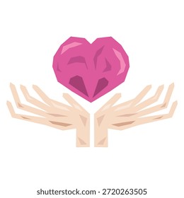 Faceted heart in stylized hands, geometric vector illustration of love and creativeness