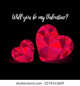 Faceted low poly heart shapes in vivid shades of red and pink creating a geometric gemstone effect. Minimalistic design  emphasizing modernity and elegance. Perfect for Valentine's Day-themed graphics