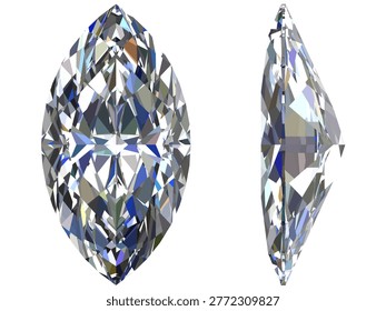 Faceted Marquise Diamond Dual View - High-Res Render, High-resolution 3D render of a faceted marquise cut diamond, showcasing detailed top and side views against a black background.