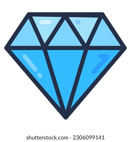 Faceted precious sky blue diamond. Expensive jewelry gift decorations, processing of natural gemstones diamonds. Cutting and selling jewelry. Simple cartoon outline vector isolated on white background