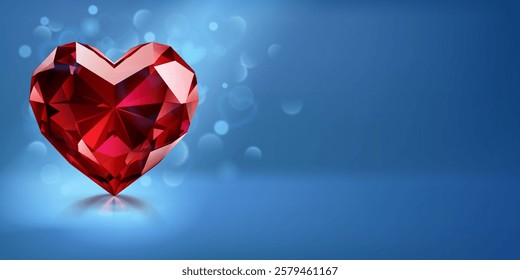 A faceted red heart-shaped gemstone is set against a gradient blue background with scattered light effects, adding a romantic and elegant atmosphere.