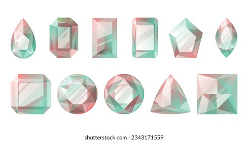 Las joyas brillantes de fachada de varias formas. Conjunto de diamantes de dibujos animados vectoriales, joyería.