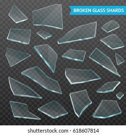 Faceted thick glass broken tumbler fragments various forms and size pieces set on dark transparent realistic vector illustration  