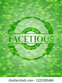 Facetious green emblem. Mosaic background